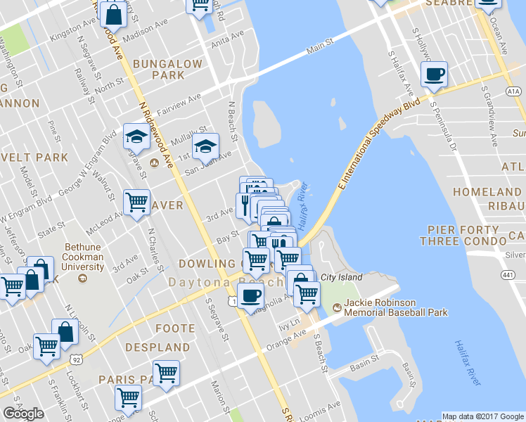 map of restaurants, bars, coffee shops, grocery stores, and more near in Daytona Beach