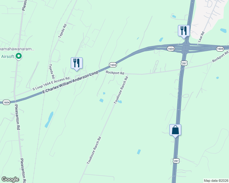 map of restaurants, bars, coffee shops, grocery stores, and more near 20483 Toudouze Road in San Antonio