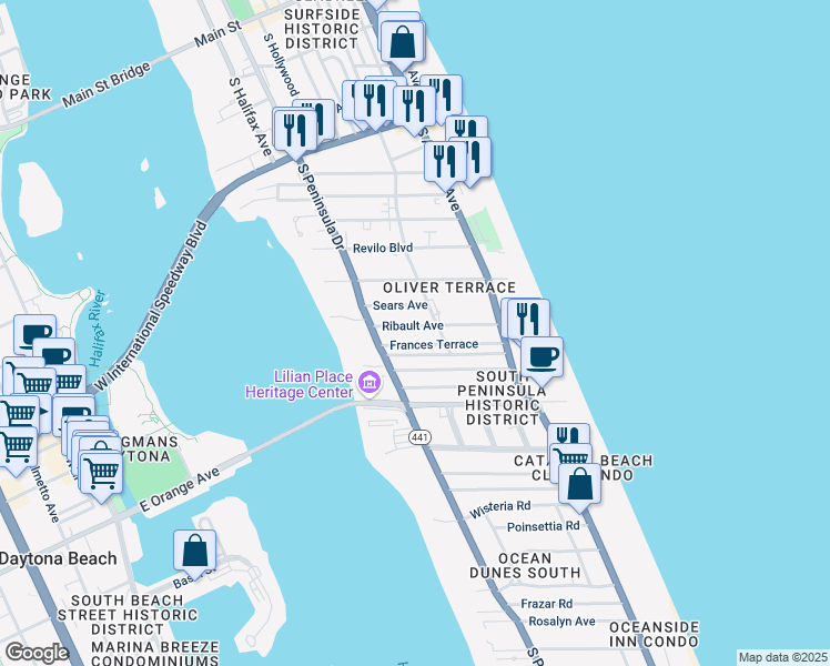 map of restaurants, bars, coffee shops, grocery stores, and more near 326 Frances Terrace in Daytona Beach