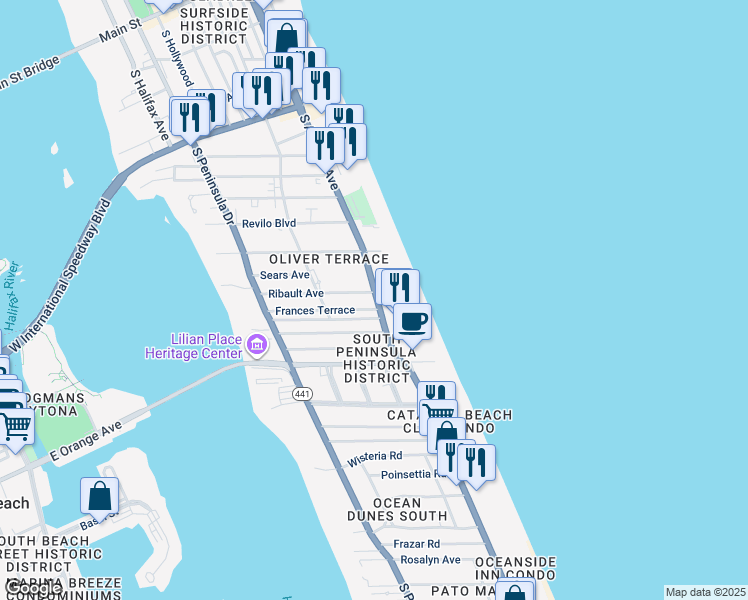 map of restaurants, bars, coffee shops, grocery stores, and more near 535 Eastwood Lane in Daytona Beach