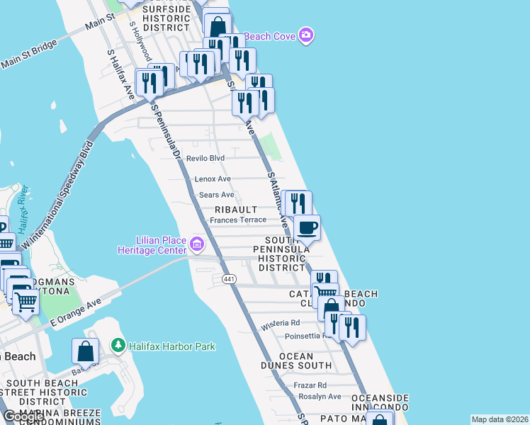 map of restaurants, bars, coffee shops, grocery stores, and more near 535 Eastwood Lane in Daytona Beach