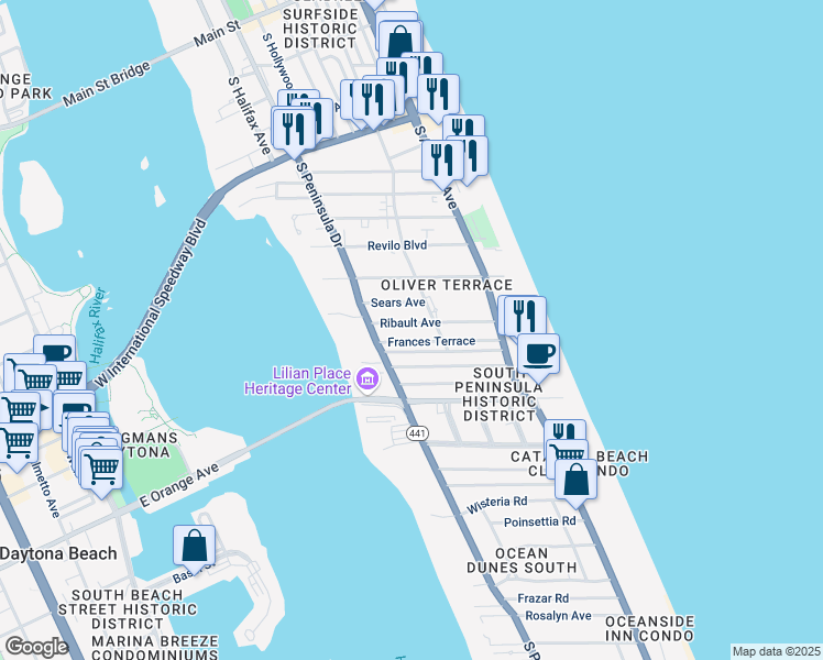 map of restaurants, bars, coffee shops, grocery stores, and more near 326 Frances Terrace in Daytona Beach