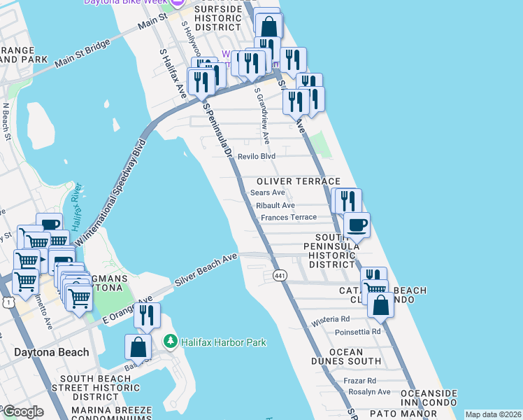 map of restaurants, bars, coffee shops, grocery stores, and more near 934 South Peninsula Drive in Daytona Beach