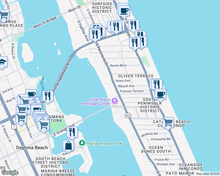 map of restaurants, bars, coffee shops, grocery stores, and more near 936 South Peninsula Drive in Daytona Beach