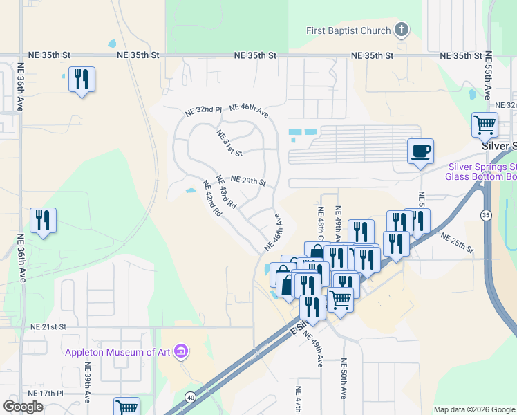 map of restaurants, bars, coffee shops, grocery stores, and more near 4550 Northeast 27th Street in Ocala