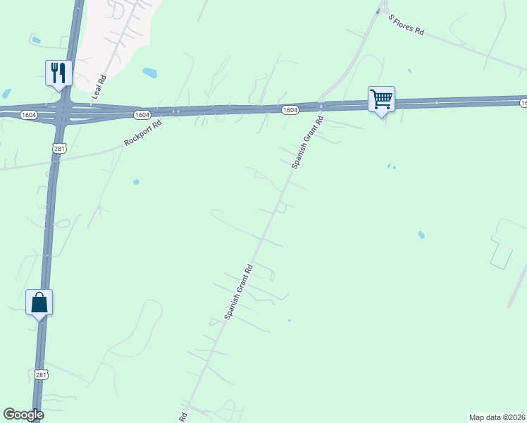 map of restaurants, bars, coffee shops, grocery stores, and more near 20689 Spanish Grant Road in San Antonio