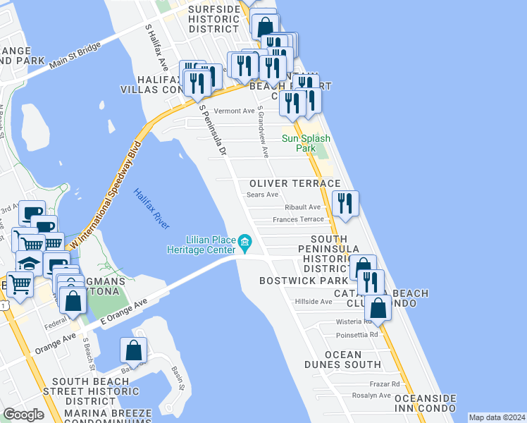map of restaurants, bars, coffee shops, grocery stores, and more near 334 Ribault Avenue in Daytona Beach