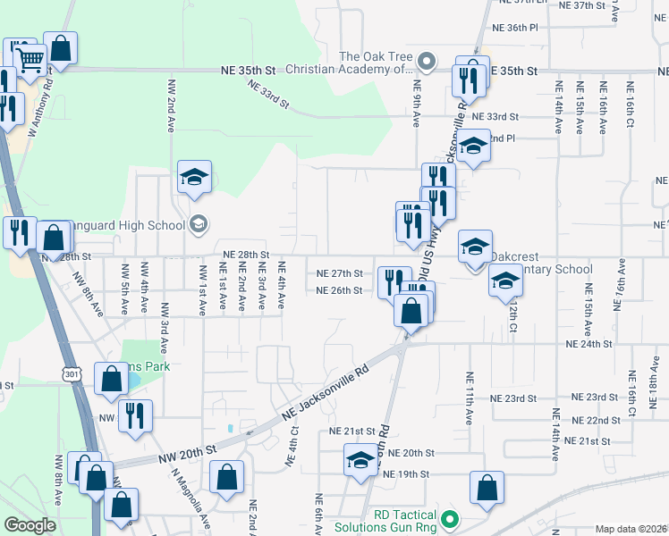 map of restaurants, bars, coffee shops, grocery stores, and more near 609 Northeast 27th Street in Ocala