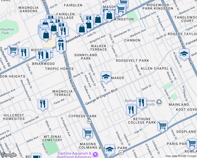 map of restaurants, bars, coffee shops, grocery stores, and more near 527 Gibson Street in Daytona Beach