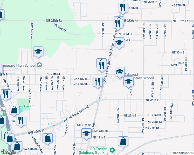 map of restaurants, bars, coffee shops, grocery stores, and more near 833 Northeast 28th Street in Ocala