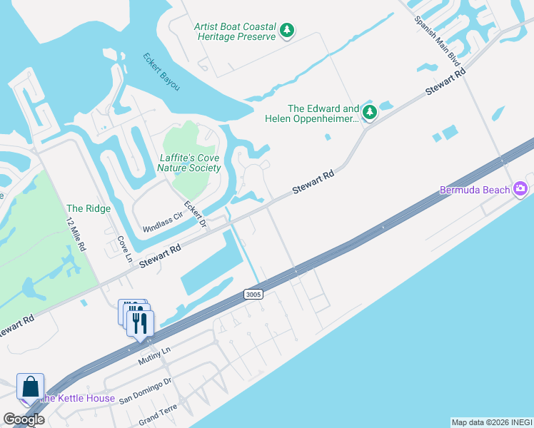 map of restaurants, bars, coffee shops, grocery stores, and more near 13330 Stewart Road in Galveston