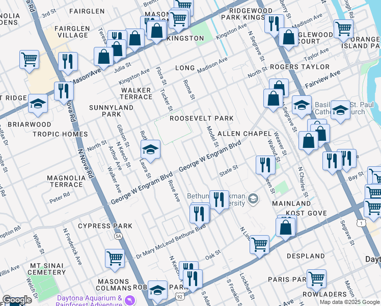 map of restaurants, bars, coffee shops, grocery stores, and more near 435 Ellsworth Street in Daytona Beach