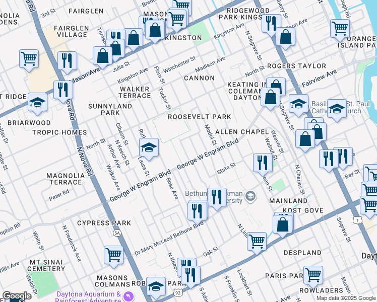 map of restaurants, bars, coffee shops, grocery stores, and more near 435 Ellsworth Street in Daytona Beach