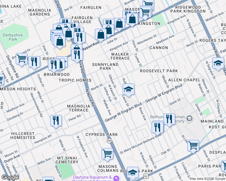map of restaurants, bars, coffee shops, grocery stores, and more near 527 Gibson Street in Daytona Beach