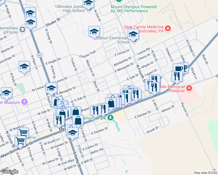map of restaurants, bars, coffee shops, grocery stores, and more near 502 East Oak Street in Uvalde