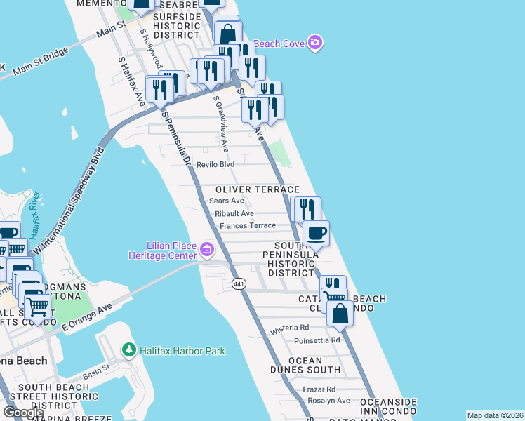 map of restaurants, bars, coffee shops, grocery stores, and more near 825 South Grandview Avenue in Daytona Beach