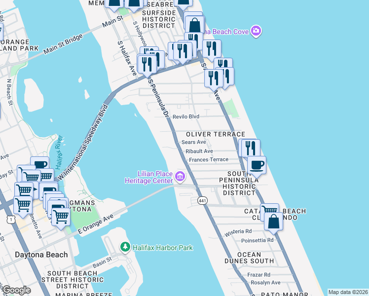 map of restaurants, bars, coffee shops, grocery stores, and more near 835 South Peninsula Drive in Daytona Beach
