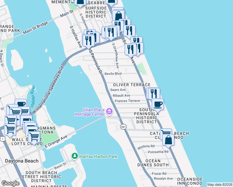 map of restaurants, bars, coffee shops, grocery stores, and more near 340 Sears Avenue in Daytona Beach
