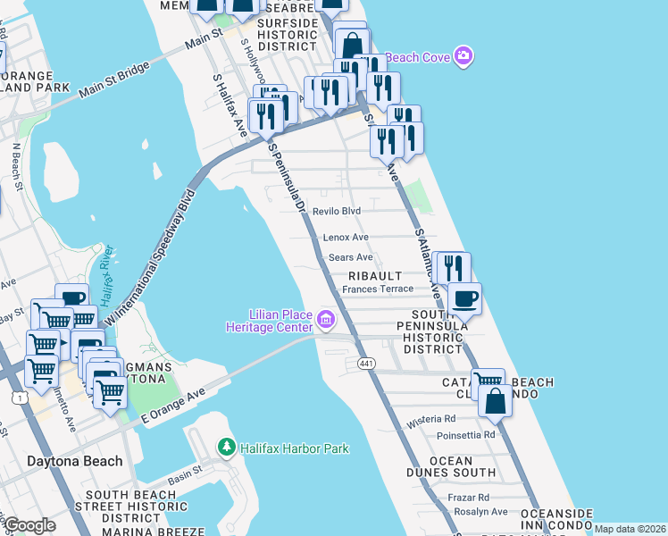 map of restaurants, bars, coffee shops, grocery stores, and more near 835 South Peninsula Drive in Daytona Beach