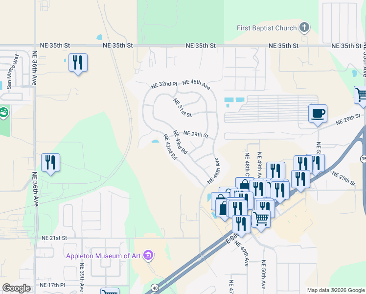 map of restaurants, bars, coffee shops, grocery stores, and more near 2826 Northeast 44th Road in Ocala