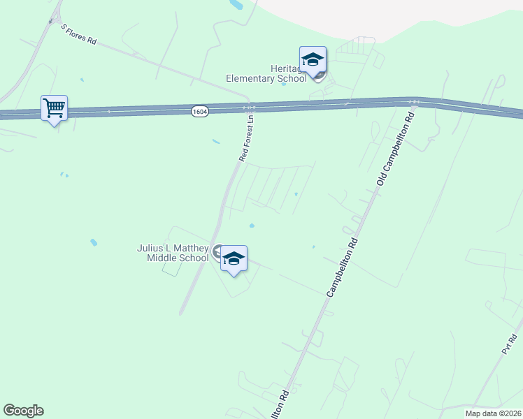 map of restaurants, bars, coffee shops, grocery stores, and more near Red Forest Lane in San Antonio