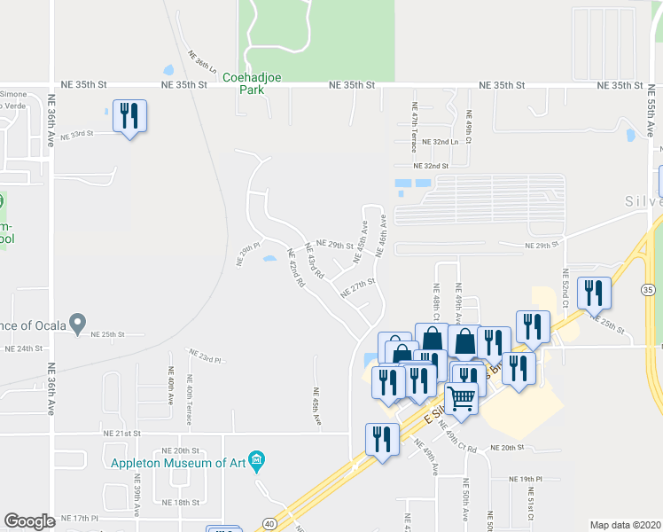 map of restaurants, bars, coffee shops, grocery stores, and more near 2826 Northeast 44th Road in Ocala