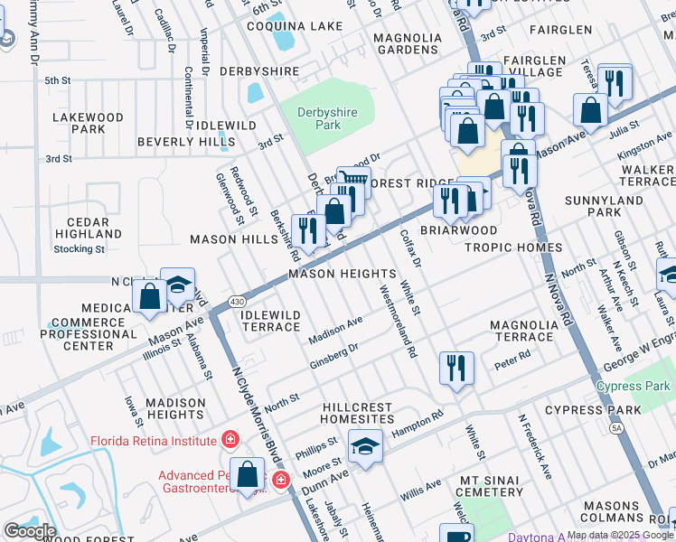 map of restaurants, bars, coffee shops, grocery stores, and more near 747 Essex Road in Daytona Beach