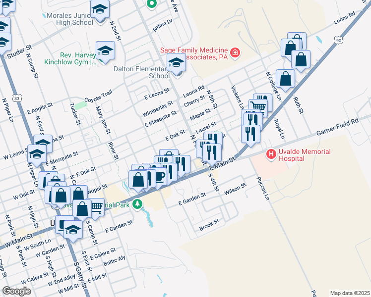map of restaurants, bars, coffee shops, grocery stores, and more near 712 East Nopal Street in Uvalde