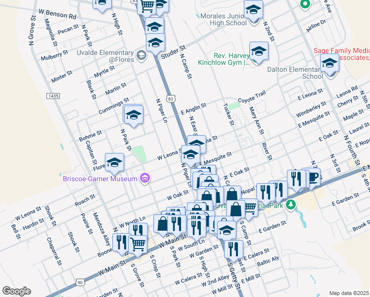 map of restaurants, bars, coffee shops, grocery stores, and more near 122 West Leona Street in Uvalde