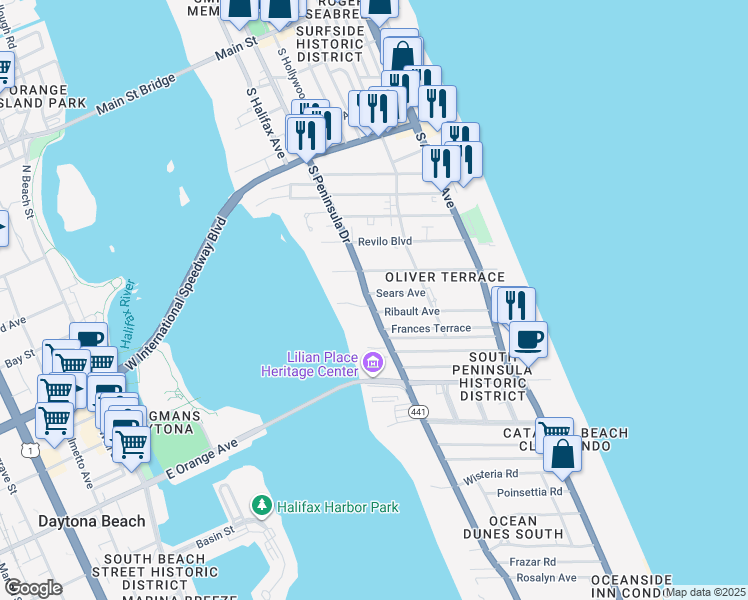 map of restaurants, bars, coffee shops, grocery stores, and more near 835 S Peninsula Dr in Daytona Beach
