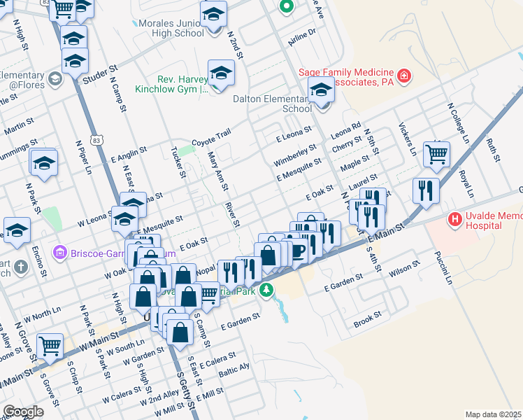 map of restaurants, bars, coffee shops, grocery stores, and more near 502 East Oak Street in Uvalde