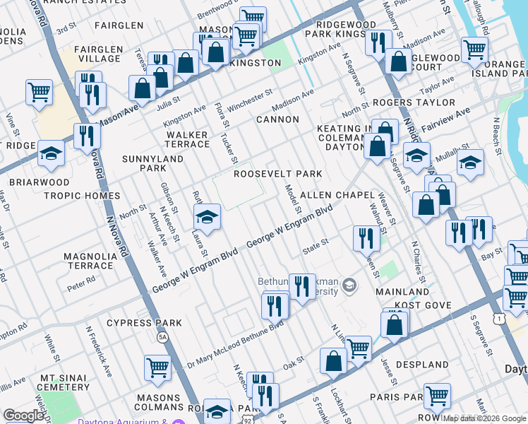 map of restaurants, bars, coffee shops, grocery stores, and more near 435 Ellsworth Street in Daytona Beach