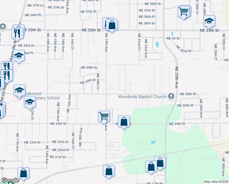 map of restaurants, bars, coffee shops, grocery stores, and more near 1925 Northeast 28th Street in Ocala
