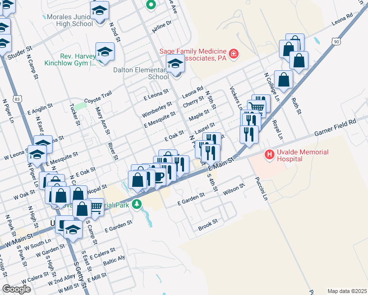 map of restaurants, bars, coffee shops, grocery stores, and more near 712 East Nopal Street in Uvalde