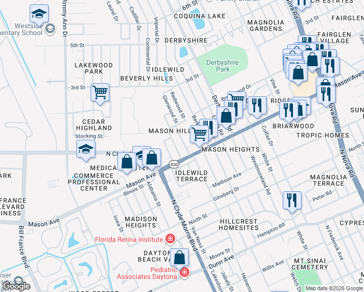 map of restaurants, bars, coffee shops, grocery stores, and more near 824 Pinewood Street in Daytona Beach