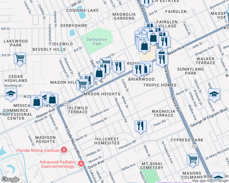 map of restaurants, bars, coffee shops, grocery stores, and more near 735 Westmoreland Road in Daytona Beach
