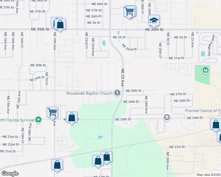 map of restaurants, bars, coffee shops, grocery stores, and more near 2808 Northeast 24th Court in Ocala