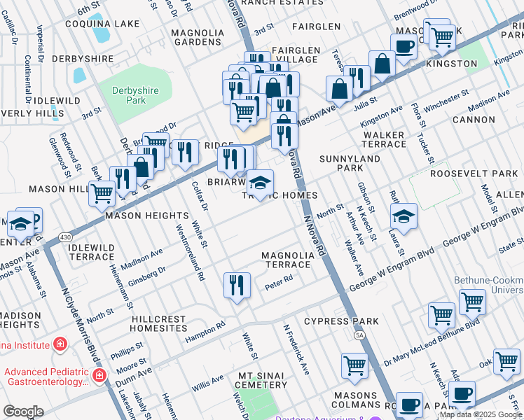 map of restaurants, bars, coffee shops, grocery stores, and more near 1047 Madison Avenue in Daytona Beach