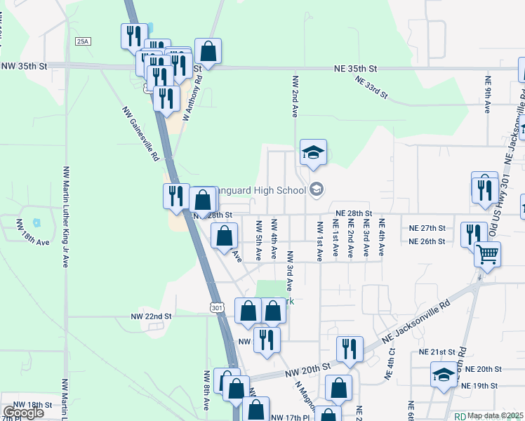 map of restaurants, bars, coffee shops, grocery stores, and more near 2806 Northwest 4th Avenue in Ocala