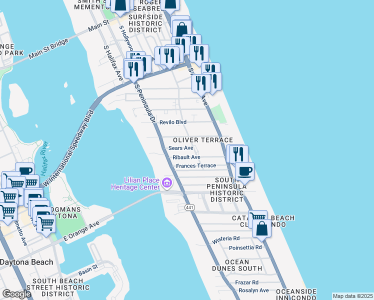 map of restaurants, bars, coffee shops, grocery stores, and more near 340 Sears Avenue in Daytona Beach