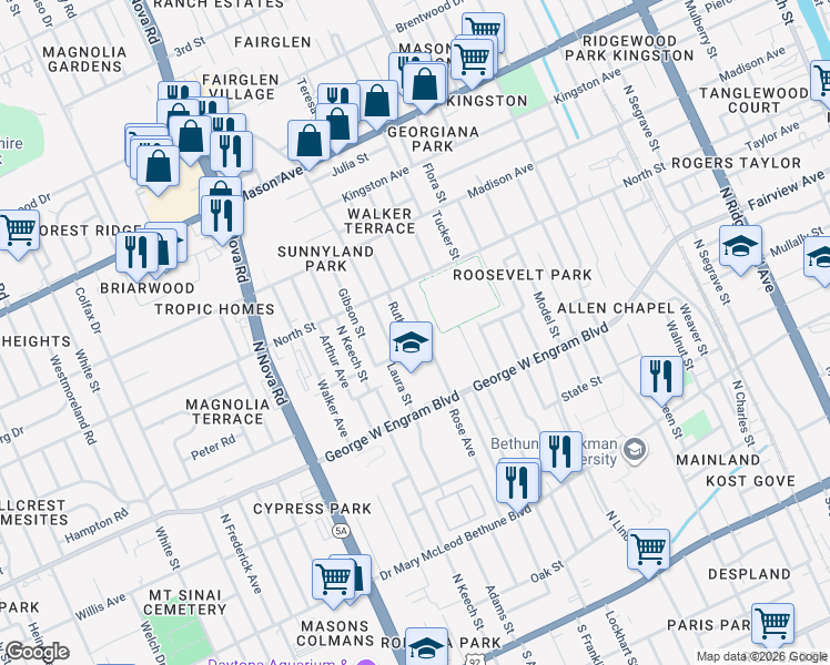 map of restaurants, bars, coffee shops, grocery stores, and more near 530 Ruth Street in Daytona Beach