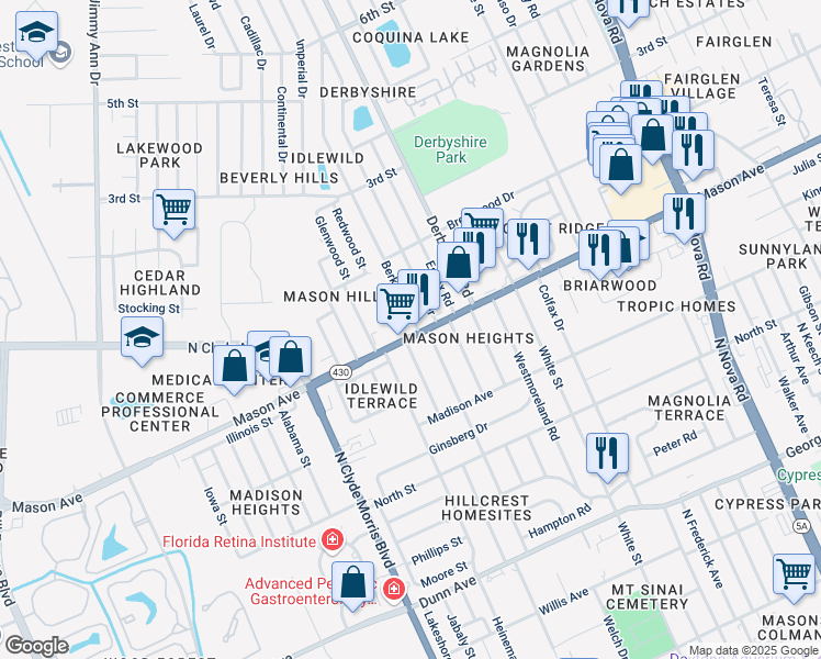 map of restaurants, bars, coffee shops, grocery stores, and more near 812 Berkshire Road in Daytona Beach