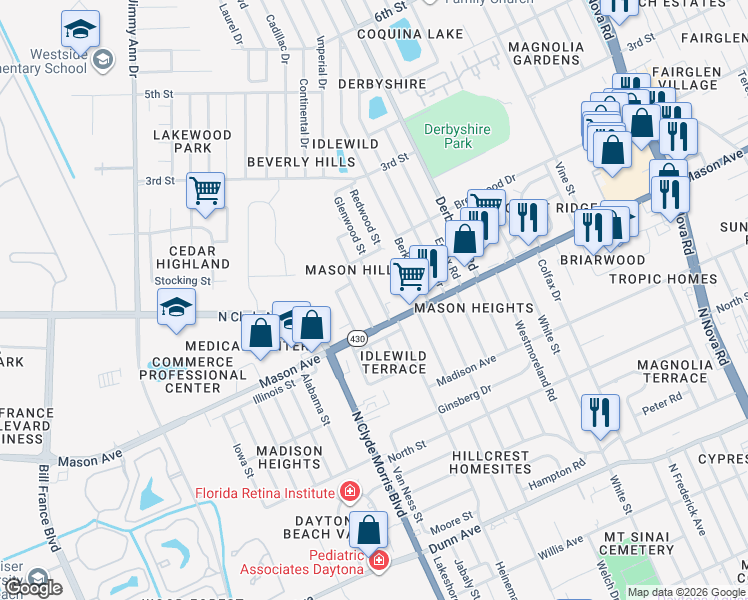 map of restaurants, bars, coffee shops, grocery stores, and more near 824 Pinewood Street in Daytona Beach