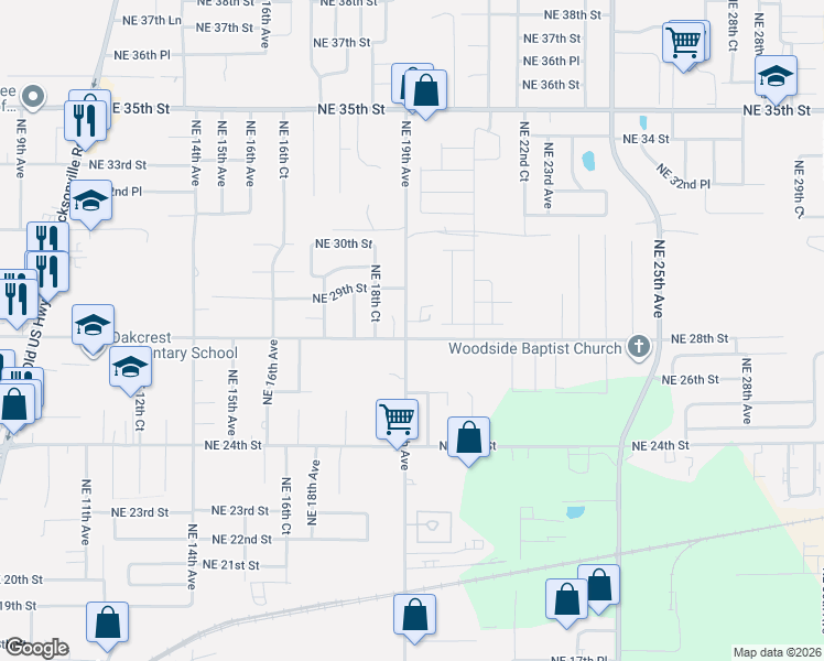 map of restaurants, bars, coffee shops, grocery stores, and more near 1903 Northeast 28th Street in Ocala
