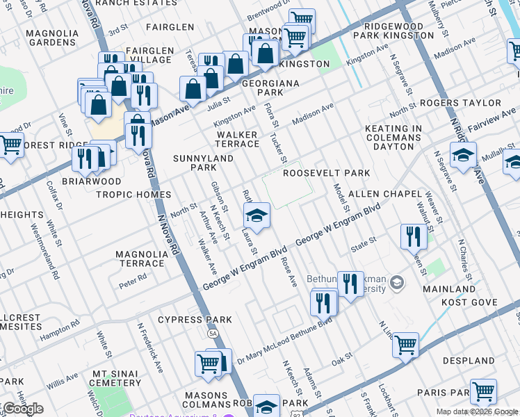 map of restaurants, bars, coffee shops, grocery stores, and more near 530 Ruth Street in Daytona Beach