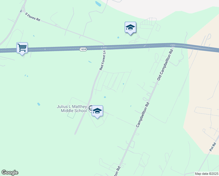 map of restaurants, bars, coffee shops, grocery stores, and more near Red Forest Lane in San Antonio