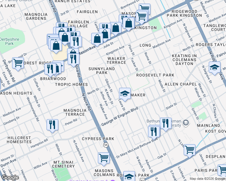 map of restaurants, bars, coffee shops, grocery stores, and more near 527 Gibson Street in Daytona Beach