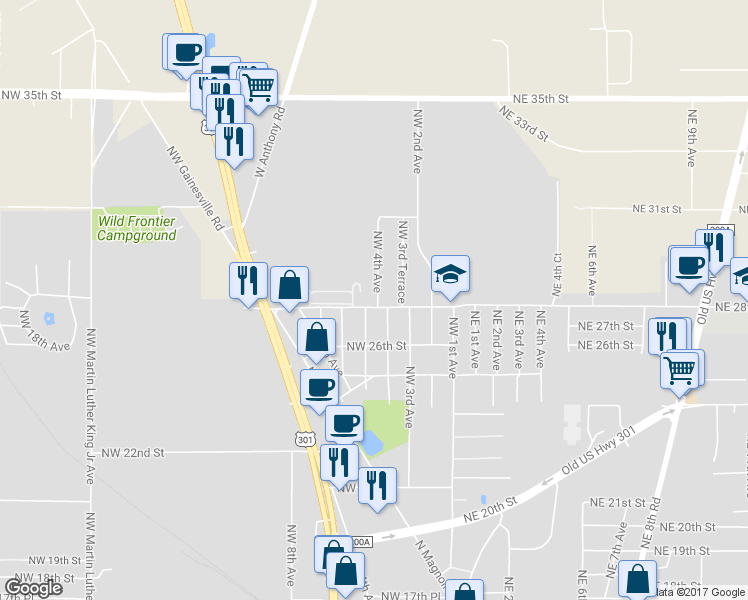map of restaurants, bars, coffee shops, grocery stores, and more near 2804 Northwest 3rd Terrace in Ocala