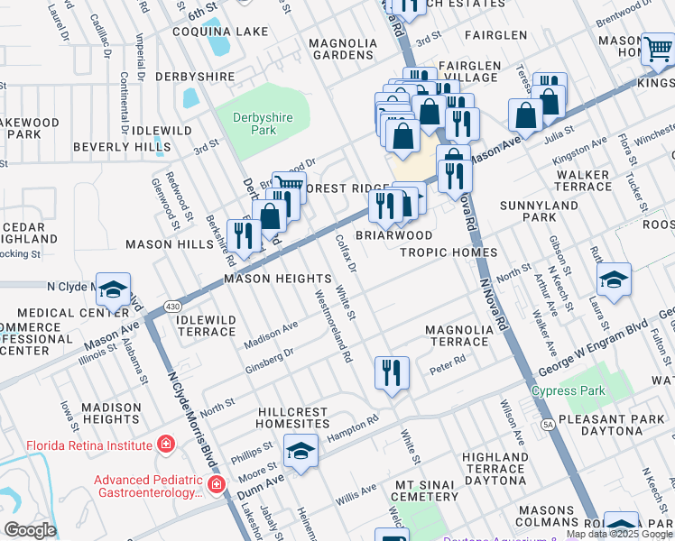 map of restaurants, bars, coffee shops, grocery stores, and more near 727 White Street in Daytona Beach