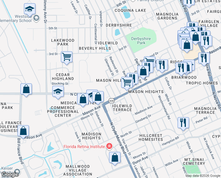 map of restaurants, bars, coffee shops, grocery stores, and more near 864 Hollywood Street in Daytona Beach